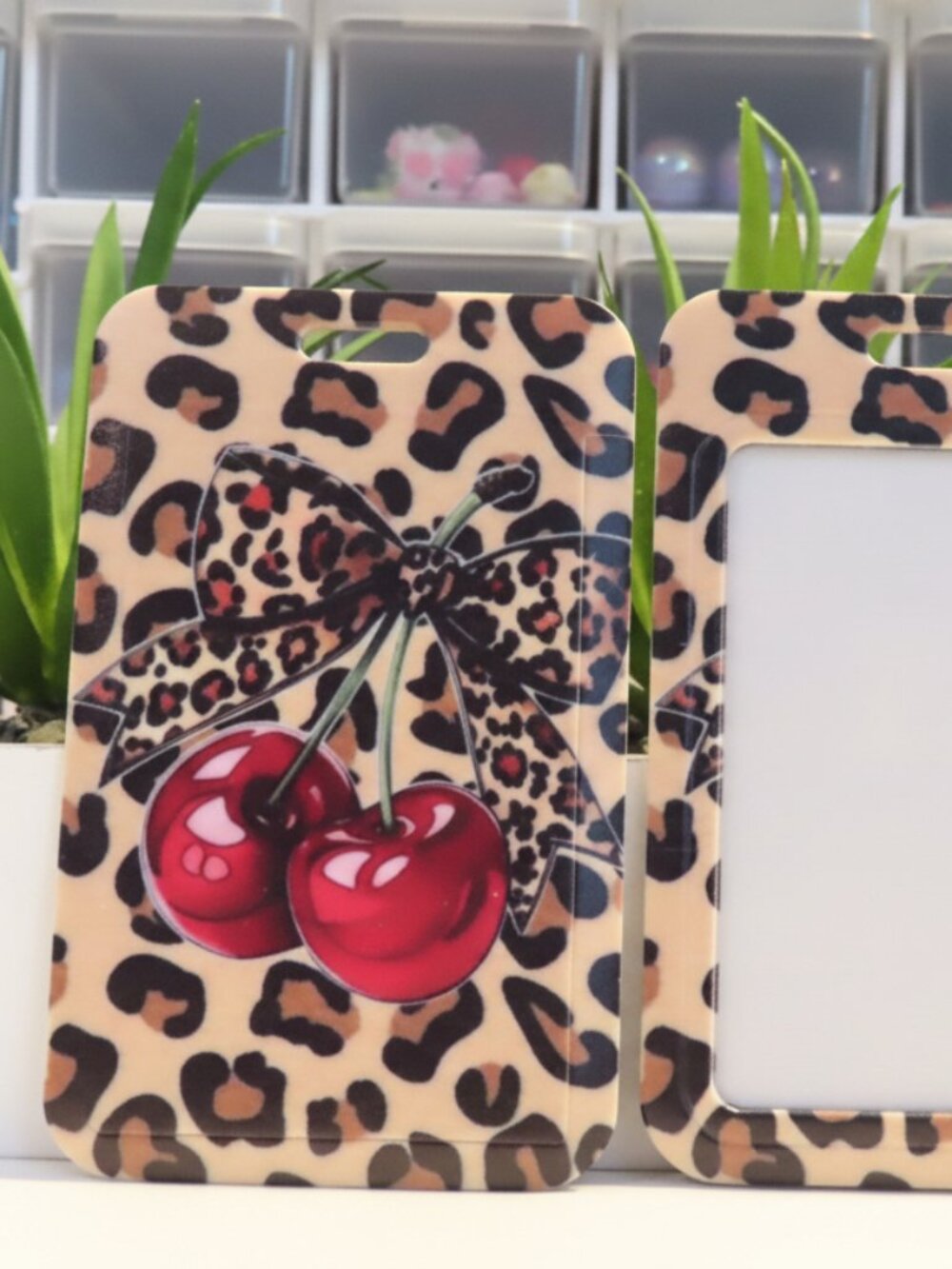 Rockabilly Leopard Print & Cherry Bow Badge Holder